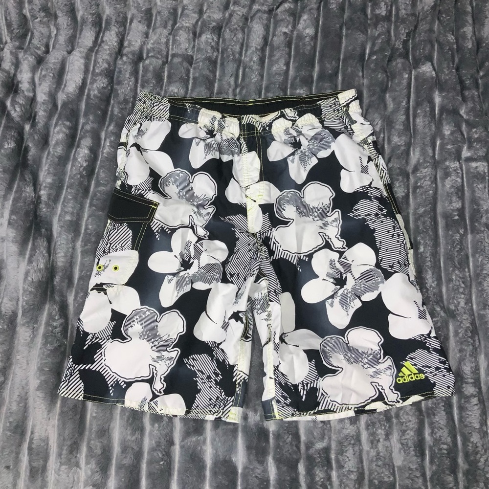 Adidas Black and White Floral Swim Trunks